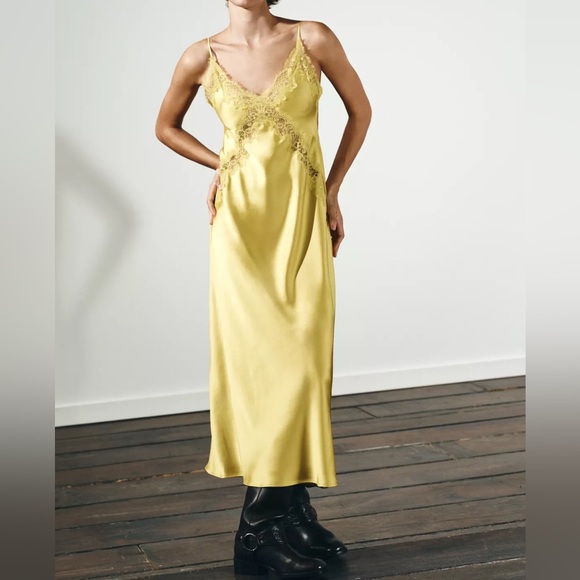 BRAND NEW Zara Yellow Satin Midi Lace Dress in Small - Picture 1 of 10
